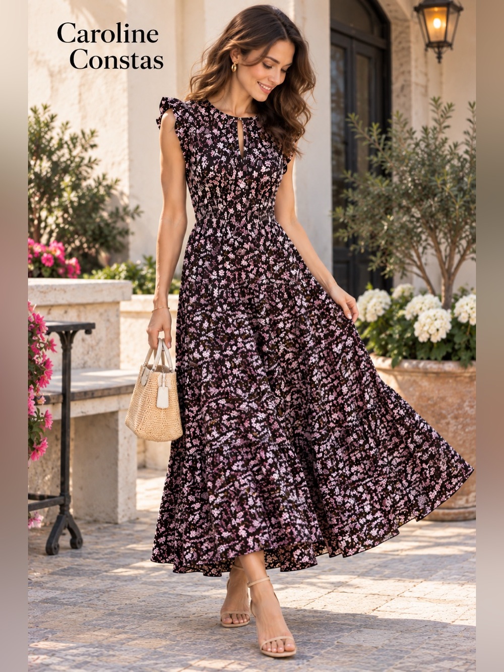 NWT Caroline Constas Sleeveless Floral Maxi Dress in Mauve and White.